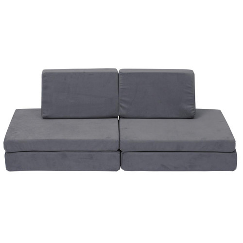 Children's Factory THE WHATSIT Gray Modular Sofa Chair, gray velvet upholstered sofa with two backrest cushions and a modular design.