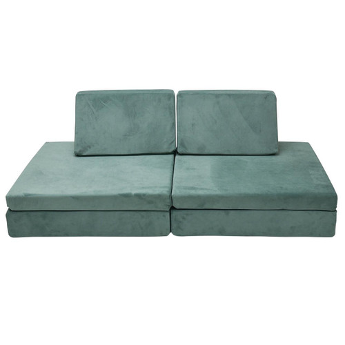 Children's Factory THE WHATSIT Jade Modular Sofa Chair, plush light green velvet kids' sofa with two backrest cushions.