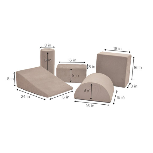 Children's Factory The Whatsit Companion Taupe Indoor Climbing Set - 5pc, indoor climbing foam set in taupe color with various shapes including rectangle, cylinder, semi-circle, and cube, each measuring different dimensions for children's play and exercise.