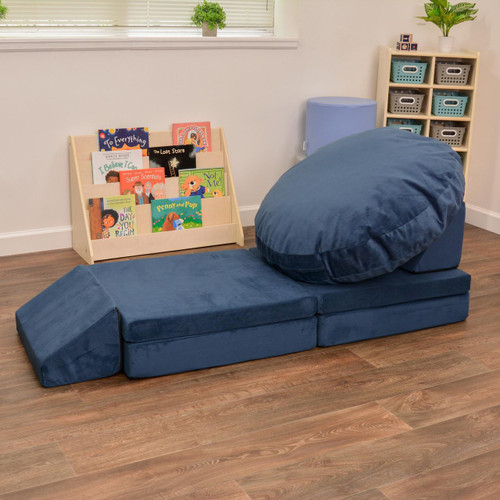Children's Factory The Whatsit Companion Navy Floor Pouf, navy blue cushioned floor seating with a large round cushion.