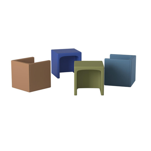 Children's Factory Cube Chairs, Woodland - 4 Colors, colorful small cube-shaped children's chairs in brown, blue, green, and gray.