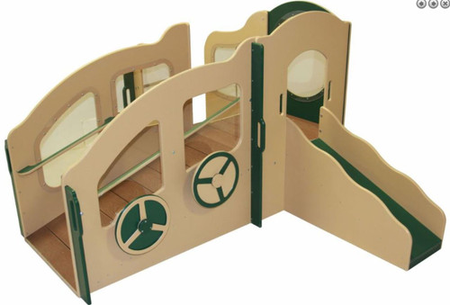 Strictly For Kids Infant Toddler Dream Playground Structure, Natural, angle view of wooden play structure with steering wheel and ramp
