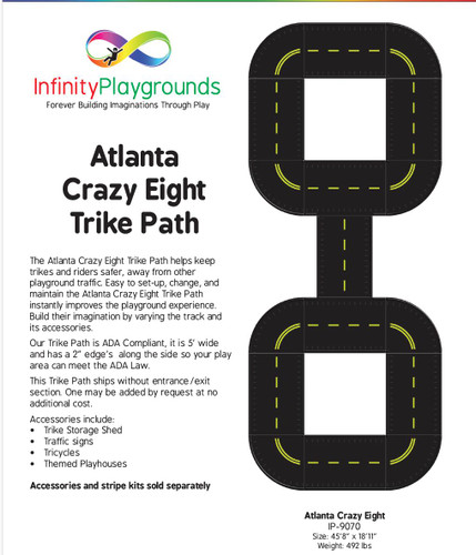 Infinity Playgrounds Atlanta Crazy Eight Trike Track, a black track with yellow dashed lines forming a square loop and connecting pathways, designed for children's tricycles and play.