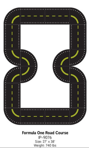 Infinity Playgrounds Formula One Road Course Trike Track, a black racing track with yellow dashed lines designed for tricycle racing, measuring 27 inches by 38 inches.