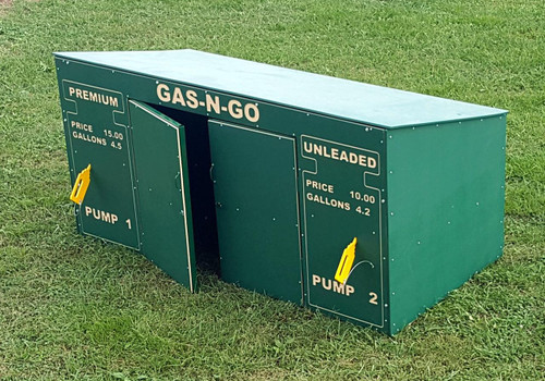 Infinity Playgrounds Trike Storage Gas n Go Playhouse, a miniature outdoor gas station playhouse designed for children.