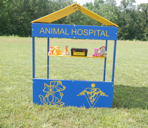 Infinity Playgrounds Animal Hospital Outdoor Playhouse, colorful toy hospital set with plush animals, medical kit, and playful signage in an outdoor grassy area