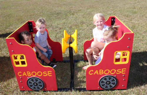 Infinity Playgrounds Infinity Express Caboose Outdoor Climber, children playing in a bright red and yellow train-themed outdoor play structure with cut-out windows and decorative wheels, on a grassy field.