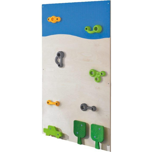 HABA Pro City World Grip Mix Indoor Climbing Wall, colorful textured climbing holds and decorative elements on a wooden panel for children's indoor climbing activities.