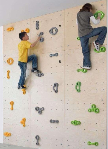 HABA Pro Mounting Sets for Climbing Grips & Walls, kids climbing on an indoor climbing wall with colorful grips and mounting hardware.