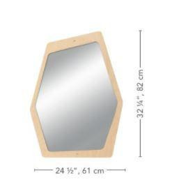 HABA Pro Grow.upp Hexagon Small Safety Mirror, wooden framed mirror with hexagon shape and reflective surface, measurements 24.5 inches by 32 inches.