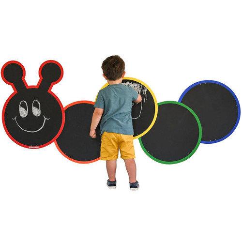 SPARK & WOW Caterpillar Outdoor Chalkboard, colorful outdoor chalkboard panels with a caterpillar design and space for children to draw and write.