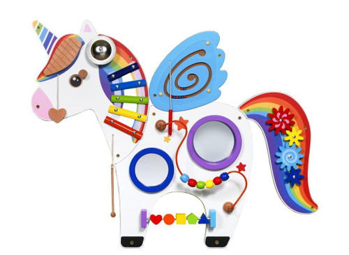 SPARK & WOW Unicorn Activity Wall Panel Toy, colorful wooden educational toy with rainbow, gears, and interactive elements for children.