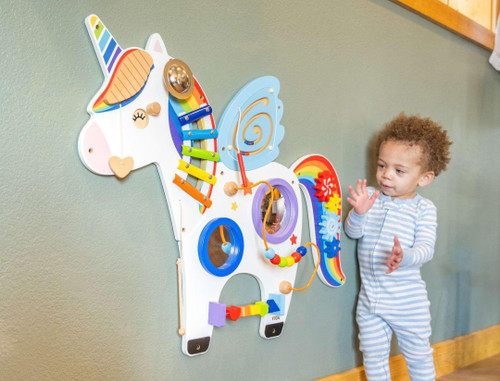 SPARK & WOW Unicorn Activity Wall Panel Toy, colorful interactive wall mounted toy for children with various beads, gears, and shapes for sensory play.