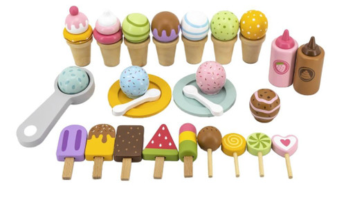 SPARK & WOW Children's Ice Cream Cart, colorful toy ice cream set with various ice cream cones, toppings, and accessories for kids.