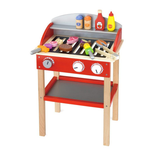 SPARK & WOW Children's Grill BBQ Playset, colorful pretend toy barbecue grill with cooking accessories and food items.