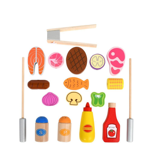 SPARK & WOW Children's Grill BBQ Playset, toy grill with various plastic food pieces and utensils for kids' pretend play.