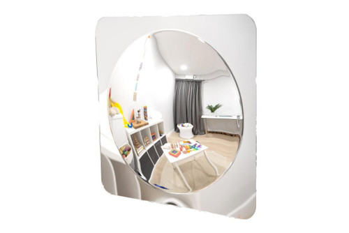 SPARK & WOW Acrylic Bubble Mirror - 1 Large Bubble, large reflective acrylic bubble mirror reflecting a children's playroom with toys, shelves, and a window with a dark curtain.