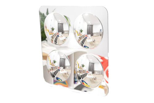 SPARK & WOW Acrylic Bubble Mirror - 4 Large Bubbles, a decorative wall mirror featuring four large, reflective acrylic bubbles mounted on a white square backing.