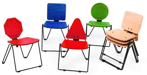 Playscapes Stackable Fun Shape Kids Chairs, colorful stackable children chairs with different geometric shapes and black metal legs.
