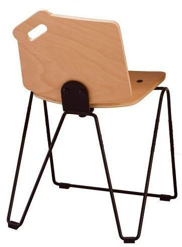 Playscapes Stackable Fun Shape Kids Chairs, modern wooden chair with black metal legs and cut-out handle on the backrest.