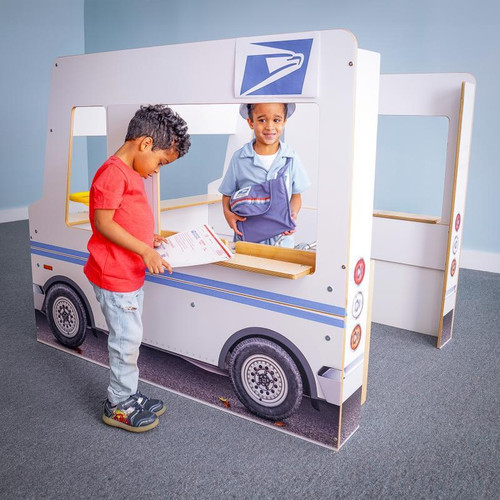 Whitney Brothers Imagination Children's Food Truck, a children’s pretend play food truck with a front window and print of a delivery truck, featuring two kids engaging in imaginative role-play.