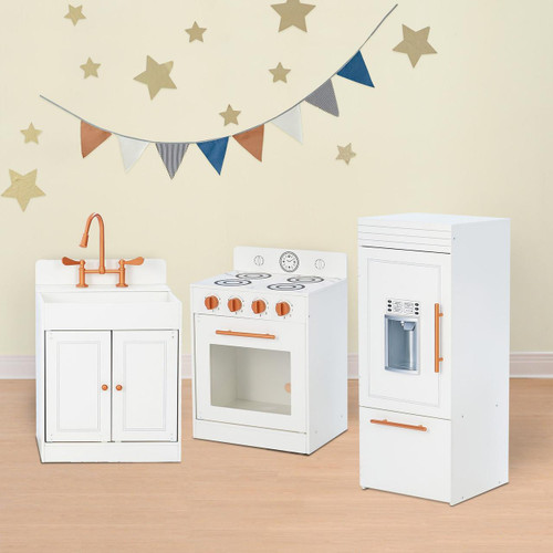 Teamson Kids Little Chef Paris Complete Kitchen Playset, white toy kitchen set with oven, refrigerator, and sink, designed for children's imaginative play.