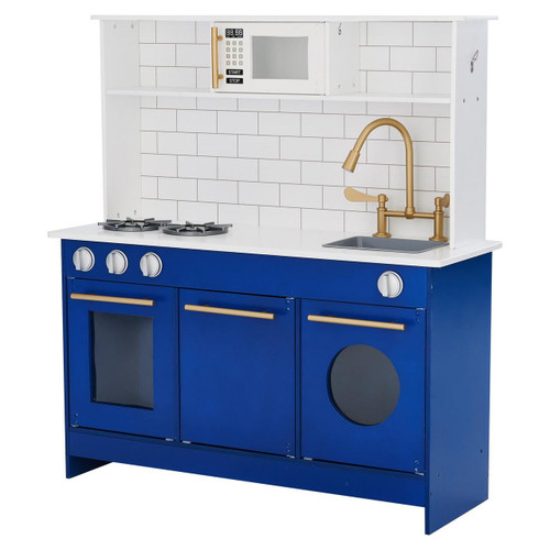 Teamson Kids Little Chef Berlin Blue Play Kitchen with Cookware, children's play kitchen set featuring a stove, oven, sink, microwave, and toys for imaginative cooking fun.