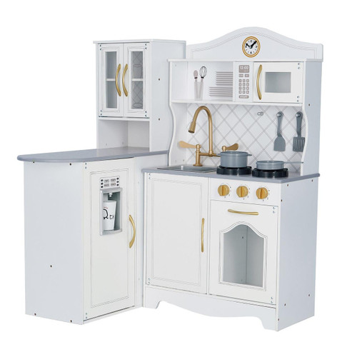 Teamson Kids Little Chef Upper East Retro Play Kitchen with Effects, white toy kitchen set featuring stove, sink, microwave, oven, and upper cabinets with gold handles.
