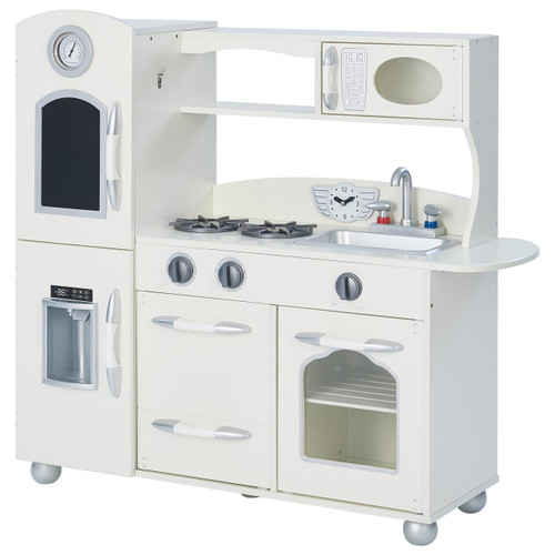 Teamson Kids Little Chef Westchester Ivory Retro Play Kitchen, a children's play kitchen with realistic appliances including a stove, oven, microwave, fridge, and sink in a vintage ivory design.