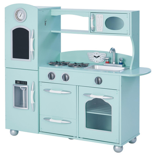 Teamson Kids Little Chef Westchester Mint Retro Play Kitchen, a children's play kitchen in mint green with realistic appliances including a stove, oven, sink, microwave, refrigerator, and clock.