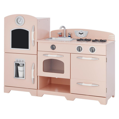 Teamson Kids Little Chef Fairfield Retro Pink Play Kitchen, a children's pink play kitchen set with realistic features including a refrigerator, oven, sink, stove, and storage cabinets.