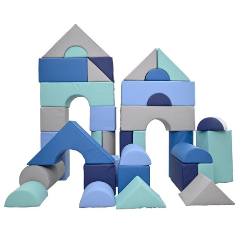 Children's Factory Tranquility Large Foam Building Blocks - Set of 35, colorful foam blocks in various shapes and sizes assembled into a playful structure for children's indoor play and development.