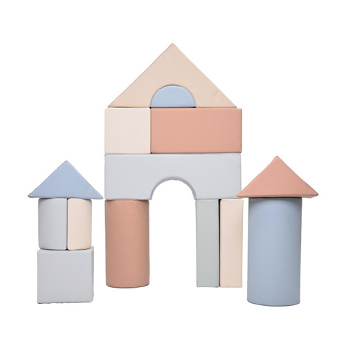 Children's Factory Elements Large Foam Building Blocks B - Set of 14, colorful foam building blocks arranged in a castle-like structure with various shapes and sizes.