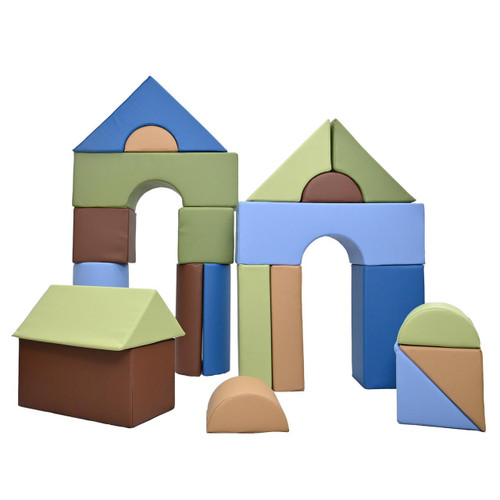 Children's Factory Woodland Large Foam Building Blocks A - Set of 21, colorful foam blocks arranged in various shapes including arches, triangles, and rectangles for children's play and construction.