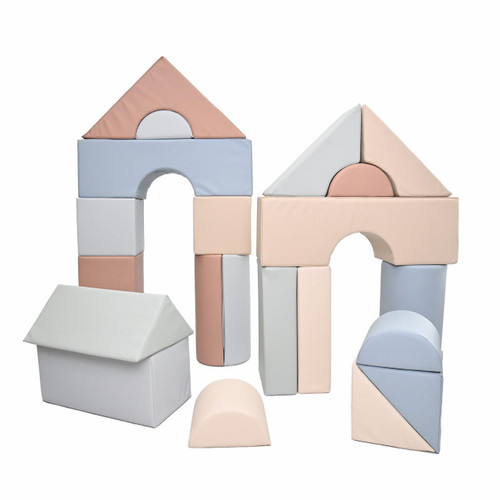 Children's Factory Elements Large Foam Building Blocks A - Set of 21, pastel-colored foam blocks and house shapes for children's educational play.