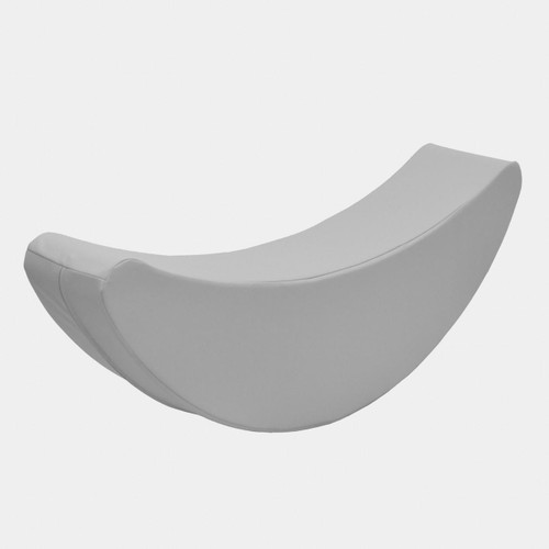 Children's Factory Happy Rocker - Gray, a modern, crescent-shaped children's rocking chair with soft padding in a neutral gray color.