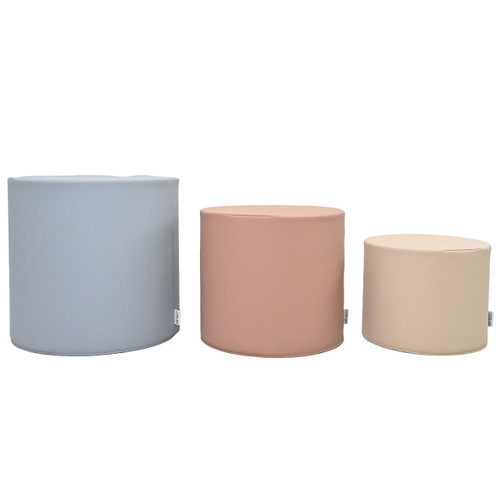 Children's Factory Soft Ottoman Trio - Elements, set of three soft, padded ottomans in pastel blue, pink, and cream colors for children's soft play and seating.