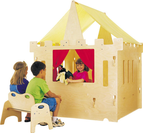 Jonti-Craft KYDZ King Castle Playhouse, wooden castle-shaped playhouse with yellow roof and red curtains, children playing with puppets inside and outside.