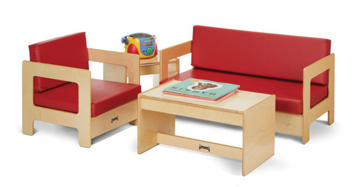 Jonti-Craft Living Room 4 Piece Set, children's living room furniture with red cushioned seats and wooden frame, includes two armchairs, a sofa, and a coffee table.