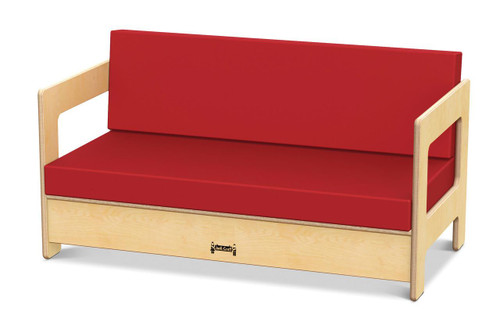 Jonti-Craft Living Room Couch, wooden frame with red cushioned backrest and seat.