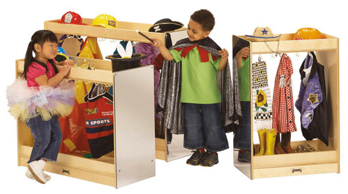 Jonti-Craft Large Dress-Up Island, children playing with a large wooden dress-up play center with costumes, hats, and accessories for imaginative role-play.