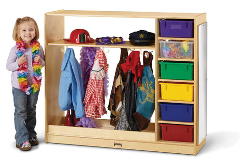 Jonti-Craft Dress-Up Storage Center with Colored Tubs, child-sized storage unit with colorful bins and hanging space for dress-up clothes, perfect for children's playrooms.