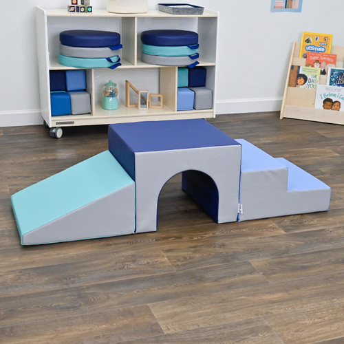 Children's Factory Tranquility Soft Play Tunnel Climber, foam climbing and crawling structure with blue, grey, and teal sections for kids' indoor play.