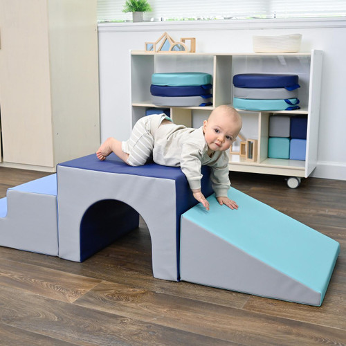 Children's Factory Tranquility Soft Play Tunnel Climber, young child crawling through blue and gray soft foam tunnel"></assistant>}}}}}ibrarian Please write the alt text.  {