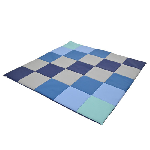 Children's Factory Patchwork Activity Play Mat, Tranquility, colorful checkered soft play mat for children with blue, grey, and green patches.