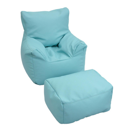 Children's Factory Cozy Soft Chair and Ottoman - Aqua, light blue soft upholstered children's seating with a matching ottoman for comfort and relaxation.