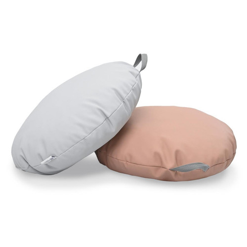 Children's Factory Mini Round Pouf with Handle - Glacier Gray and Clay, soft and cushioned children's floor seating with handles for easy carrying.