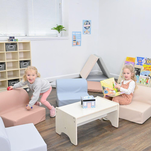 Children's Factory Soft Loungers, Elements - Set of 4, child-friendly soft lounge seating arranged in a playroom with kids playing and reading.