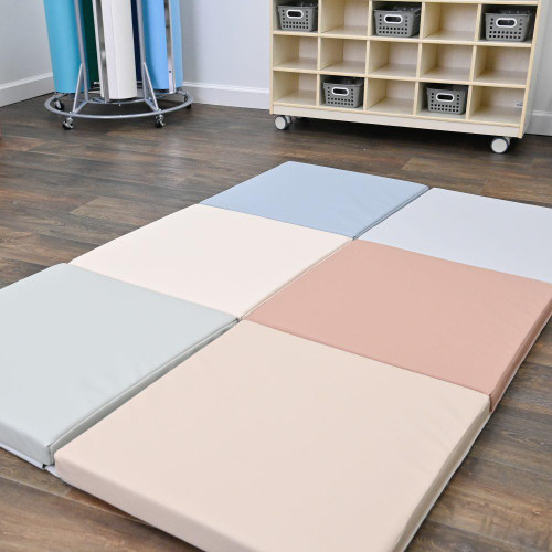 Children's Factory Tent Box Play Mats, Elements - Set of 2, colorful foam mats arranged on wooden floor in playroom setting.