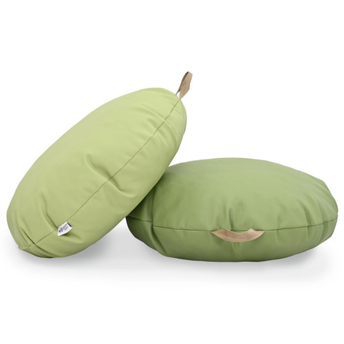 Children's Factory Mini Round Pouf with Handle - Fern and Sage, two round green children's poufs with beige handles for versatile seating and decor.